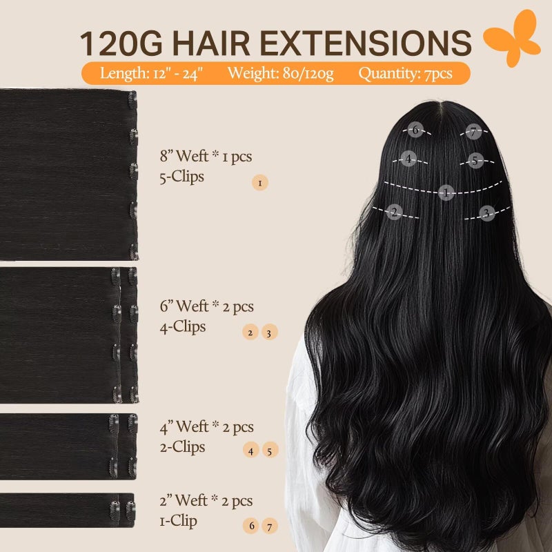DOORES Clip in Hair Extensions Natural Black Real Hair Extensions Clip in Human Hair 100g 7pcs 14 Inch Straight Natural Thick Weft - Image 2
